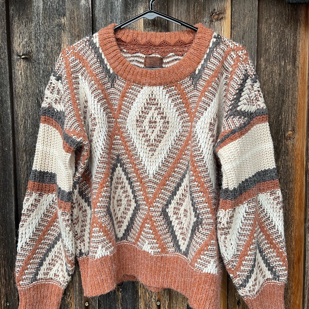 Pol Aztec Diamond Pattern Knit Sweater Burnt Oran… - image 1